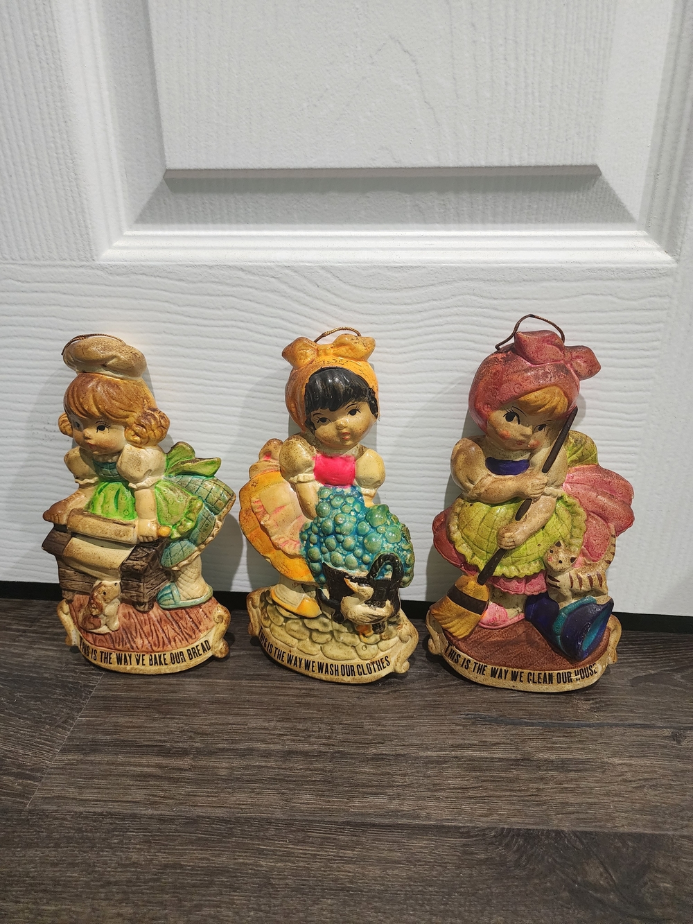 1970s Jeffrey Snyder Kitschy Retro Chore Girl Chalkwar Set 3 Wall Decor Hangings